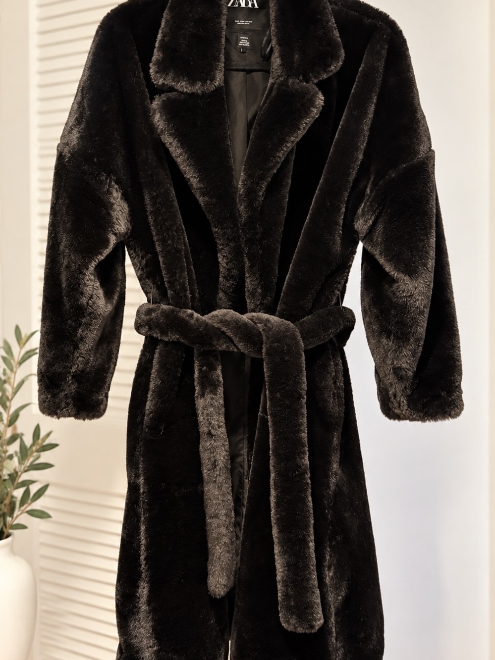 ZARA Black Faux-Fur Teddy Belted Coat